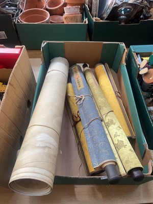 Lot 417 - A tray containing four oriental silk scrolls...