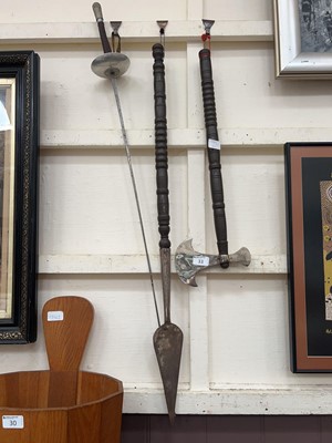 Lot 33 - A modern hand axe and spear on turned handle...
