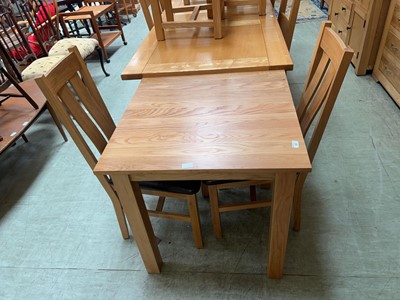 Lot 60 - A modern oak square top kitchen table along...