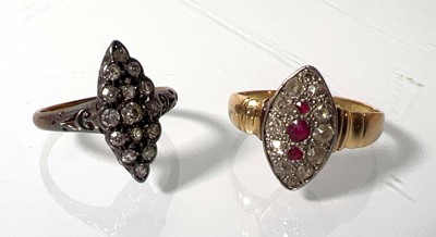 Lot 443 - A yellow metal, marquise shaped ruby and...