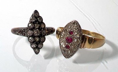 Lot 443 - A yellow metal, marquise shaped ruby and...