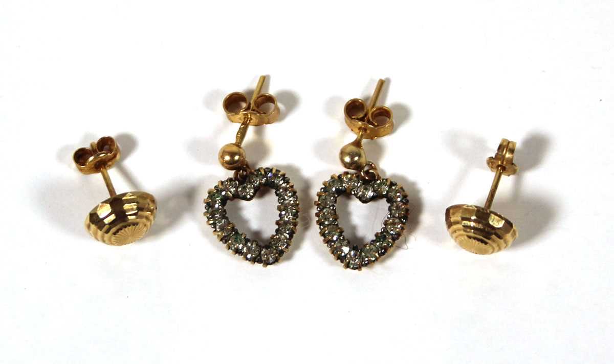 Lot 490 - A pair of yellow metal and paste open heart...