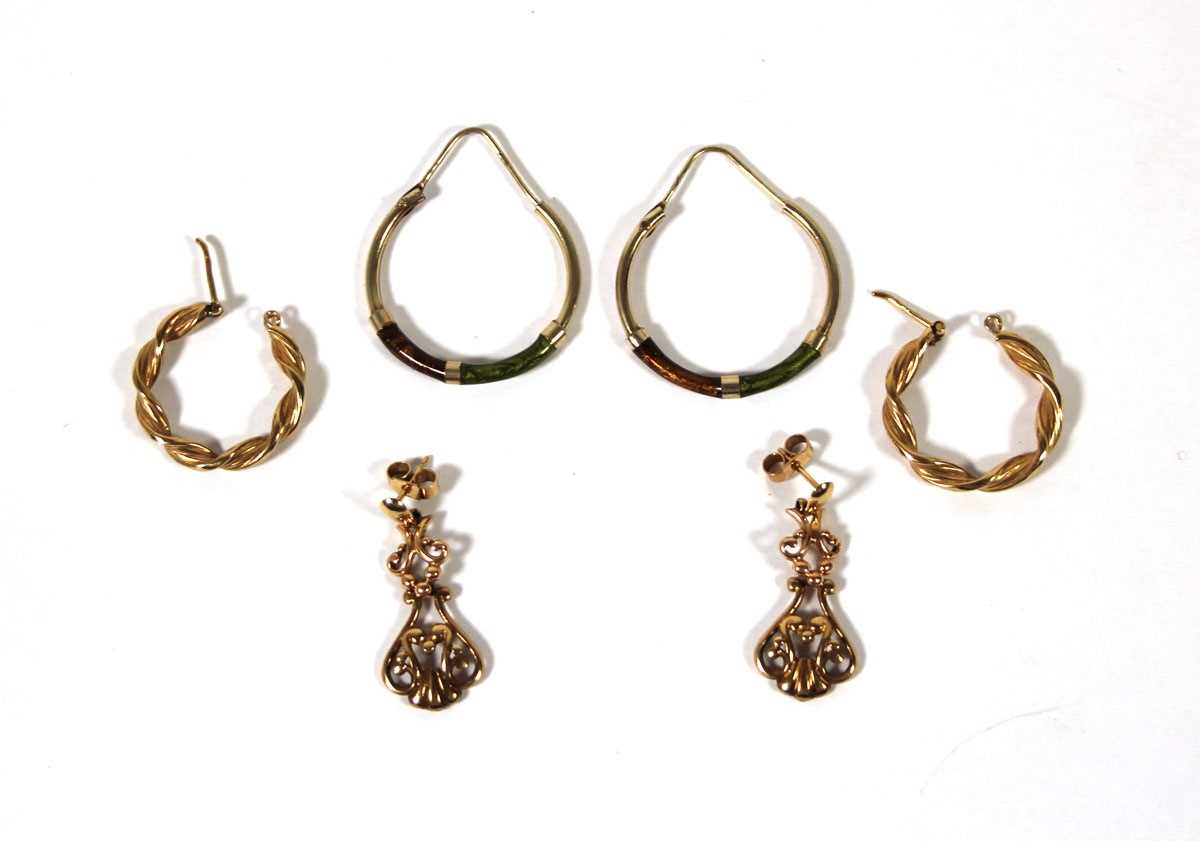Lot 492 - Two pairs of 9ct gold earrings together with a...