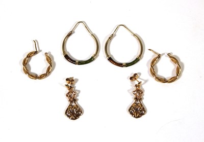 Lot 492 - Two pairs of 9ct gold earrings together with a...