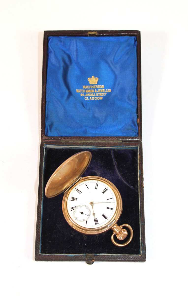 Lot 522 - A gold plated full hunter pocket watch in a...