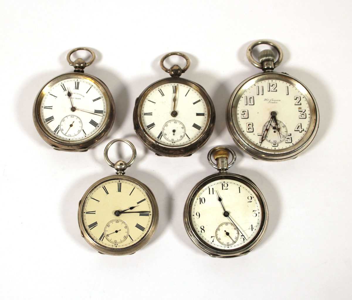 Lot 540 - Five early 20th century silver pocket watches.