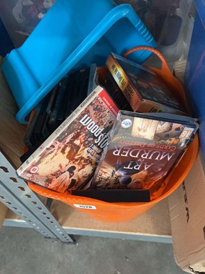 Lot 1528 - Garden bucket and a blue crate containing DVDs...