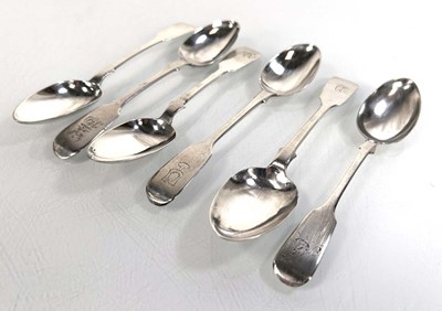 Lot 360 - Six Victorian silver fiddle pattern teaspoons...