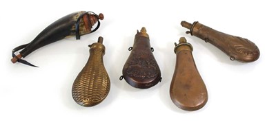 Lot 88 - A group of five copper, brass and horn powder...