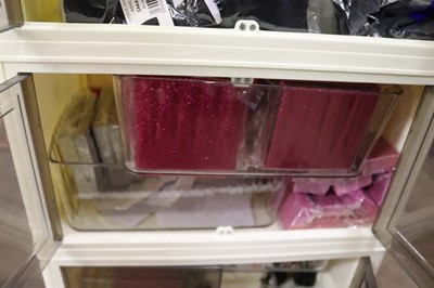 Lot 5 tiered plastic storage unit with contents to...