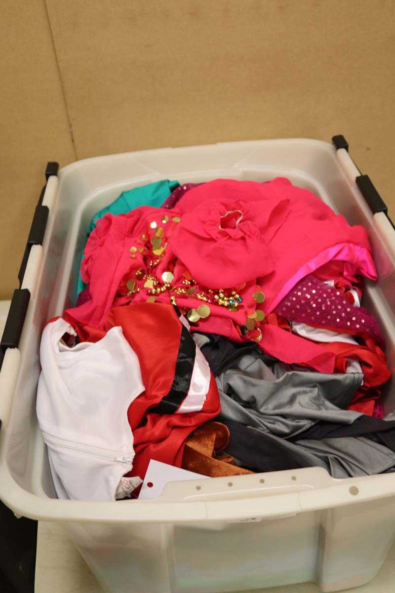 Lot Large stacking crate with various costumes,...