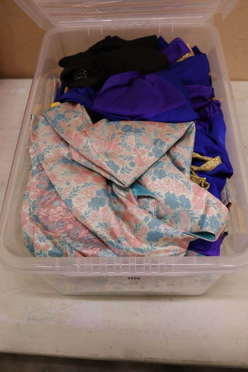 Lot Plastic stacking crate of dresses, costumes...