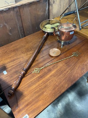 Lot 1359 - Copper and brassware including bed warming pan,...