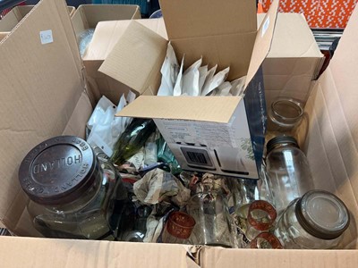 Lot 1523 - Box of glass bottles, jars, other glassware...
