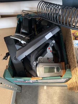 Lot 1771 - Box and crate containing DVDs, gaming wheel...