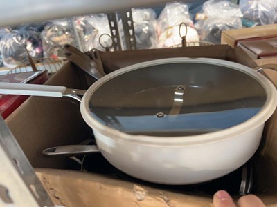 Lot 1695 - Box containing various saucepans and frying pans