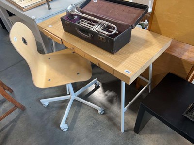 Lot 1418 - Composite wood writing desk on white metal...