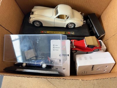 Lot 1487 - Box of miscellaneous electronics and 3 Diecast...