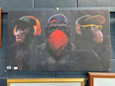 Lot 1496 - 3 pictures to include Gangster chimps, cat...