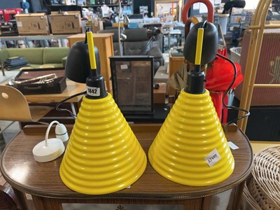 Lot 1842 - 2 metal ceiling hanging lampshades in yellow...