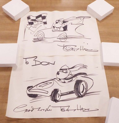 Lot 13 - Tony Hart (1925-2009), A dog in a racing car,...