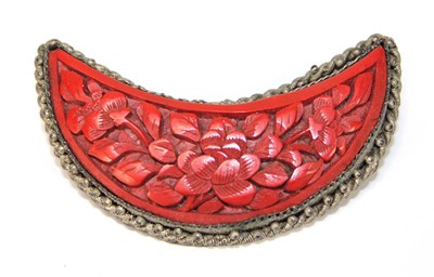 Lot 501 - A cinnabar lacquer brooch of crescent moon...