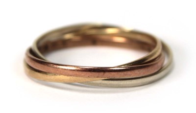 Lot 519 - A 9ct tri-colour triple puzzle type band ring,...
