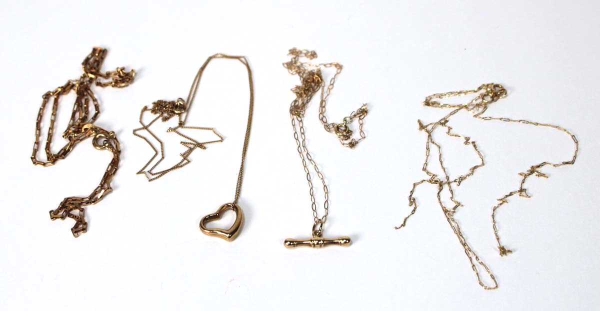 Lot 527 - Four 9ct yellow gold finelink necklaces, one...
