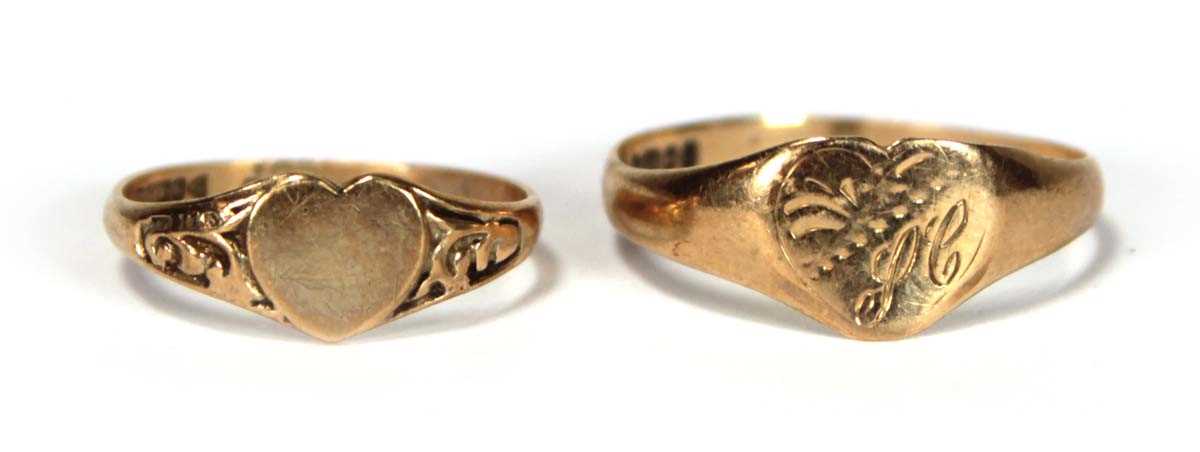 Lot 612 - Two 9ct yellow gold heart design signet rings,...