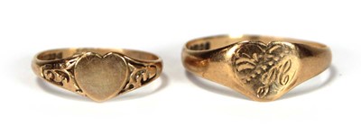 Lot 612 - Two 9ct yellow gold heart design signet rings,...