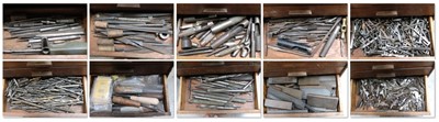 Lot 1675 - 11 Drawer wood cabinet containing files, rasps,...