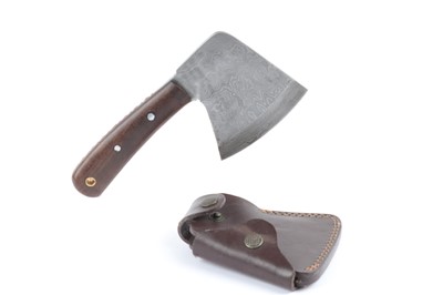 Lot 73 - Hand axe with damascus blade, in leather cover