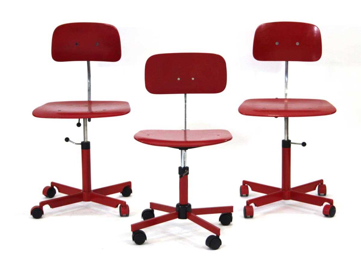 Lot 75 - A set of three Danish red bentwood chairs on...