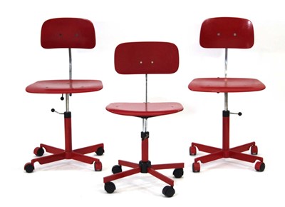Lot 75 - A set of three Danish red bentwood chairs on...