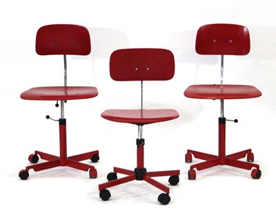 Lot 75 - A set of three Danish red bentwood chairs on...