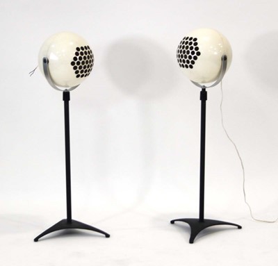 Lot 122 - A pair of spherical speakers mounted on black...
