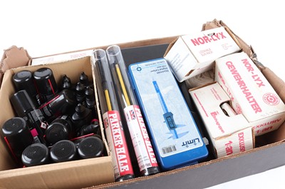 Lot 1349 - Box of shooting accessories inc. 2 x Parker...