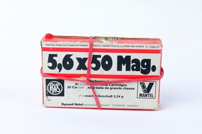 Lot 2664 - (S1) 20 x 5.6x50 Mag. RWS rifle cartridges, boxed
