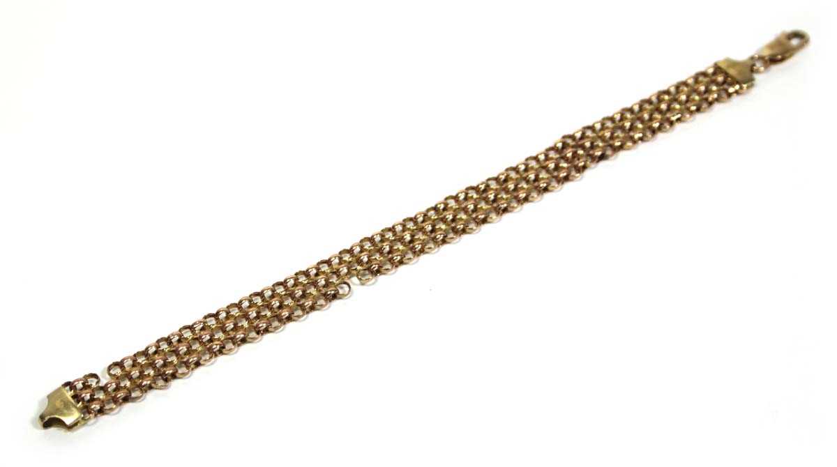 Lot 679 - A 9ct rose gold mesh link bracelet, l. 18 cm,...