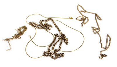 Lot 681 - Five 9ct yellow gold necklaces, various links...