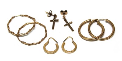 Lot 691 - Four pairs of 9ct yellow gold earrings...