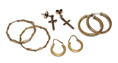 Lot 691 - Four pairs of 9ct yellow gold earrings...