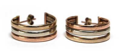 Lot 692 - A pair of 9ct tri-colour ear hoops, d. 2 cm, 3....