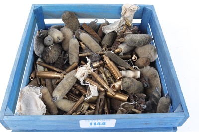 Lot 1144 - Box of assorted cleaning brushes, mops, and jags