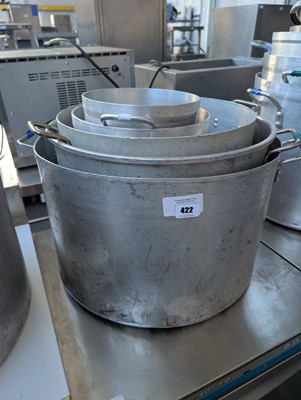 Lot 422 - 5 assorted aluminium twin-handled cooking pots
