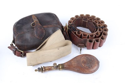 Lot 1169 - Brady 12 bore cartridge belt, shot flask, and...