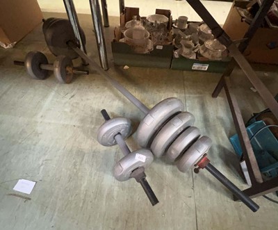 Lot 417 - Pair of DP dumbbells with matching barbell