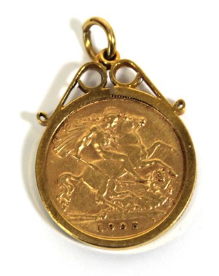 Lot 415 - A 9ct yellow gold pendant set half sovereign...