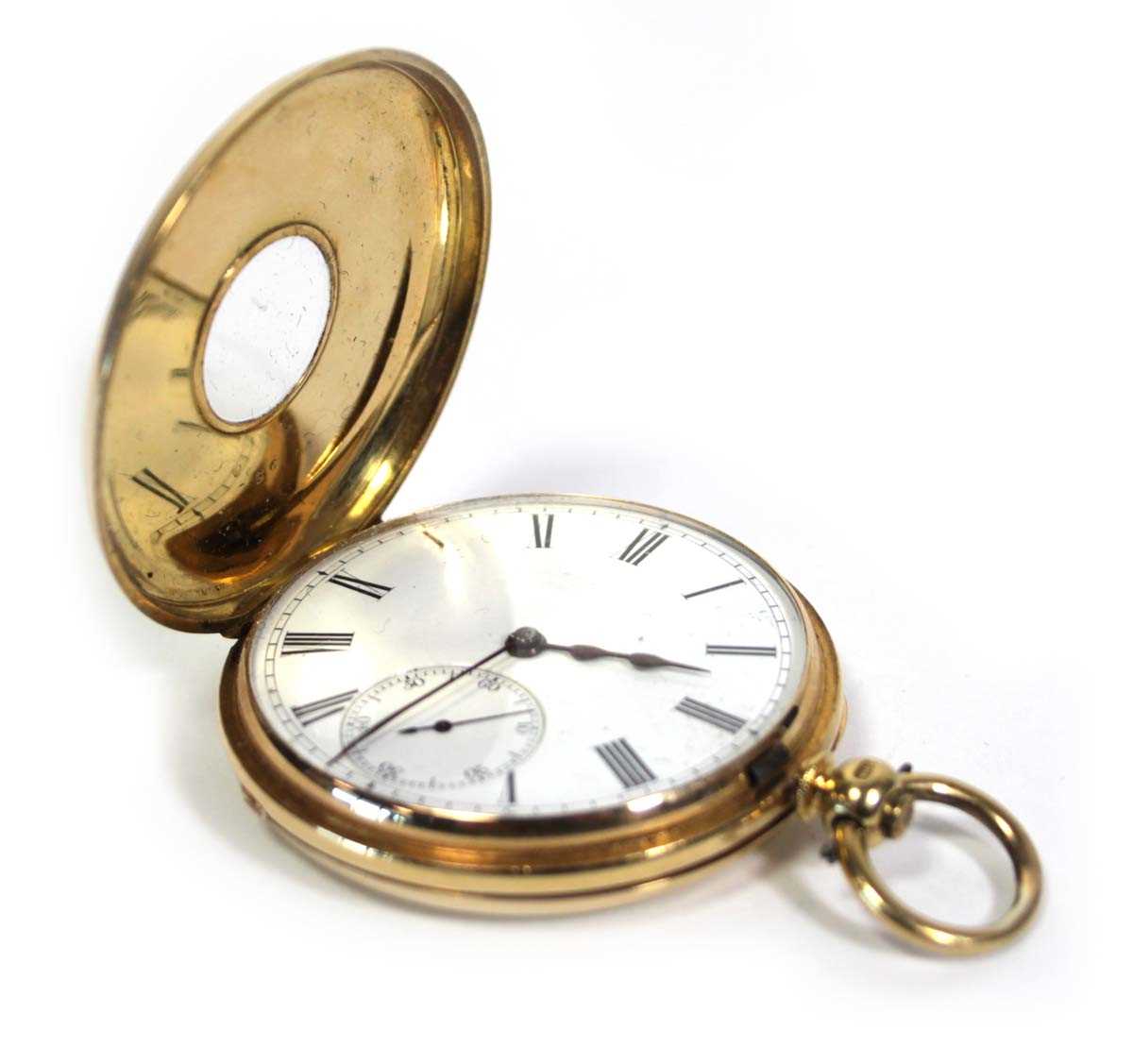 Lot 451 - An 18ct yellow gold half hunter pocket watch,...