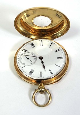 Lot 451 - An 18ct yellow gold half hunter pocket watch,...